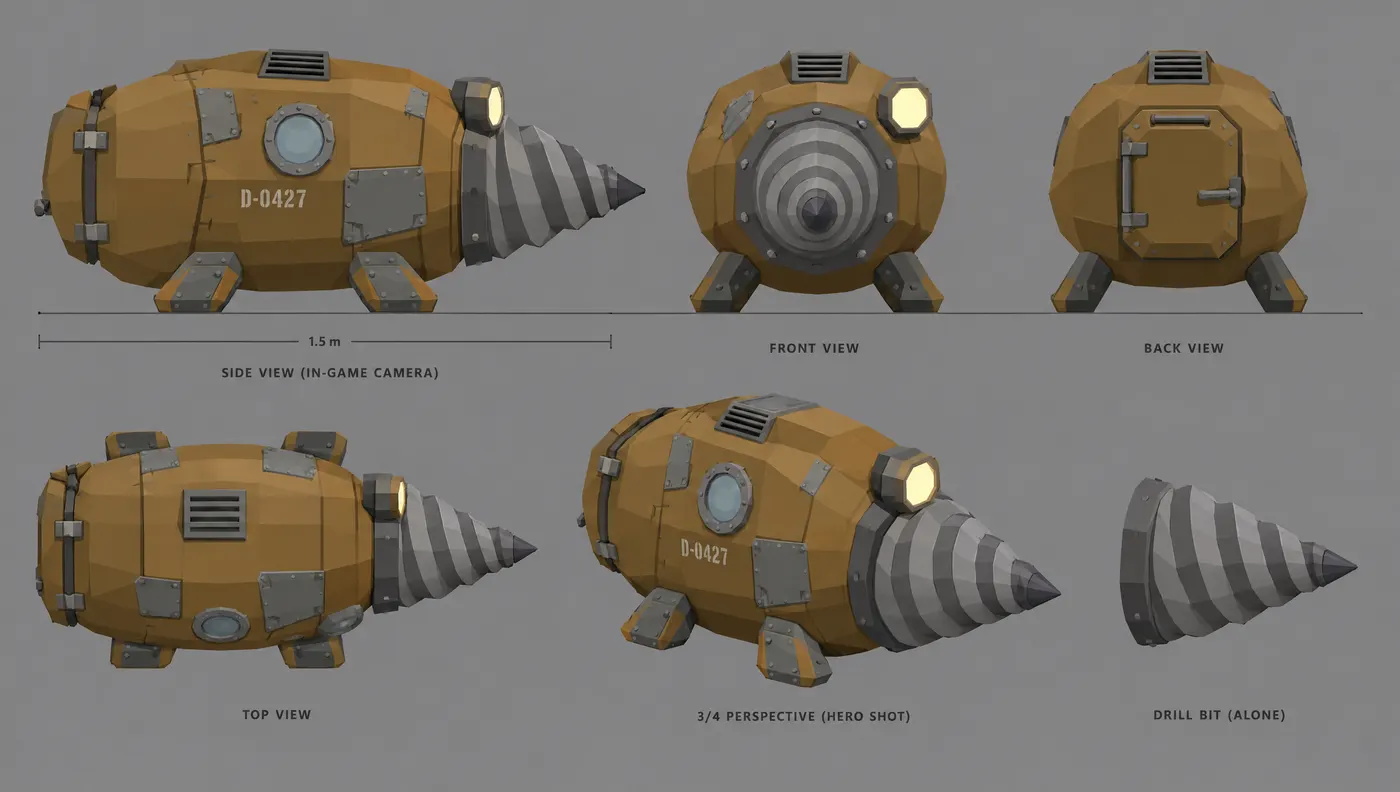Model sheet of the round orange drill from several angles
