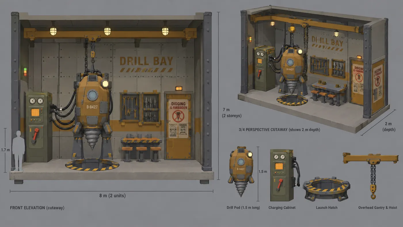 Model sheet of the drill bay room and its machines