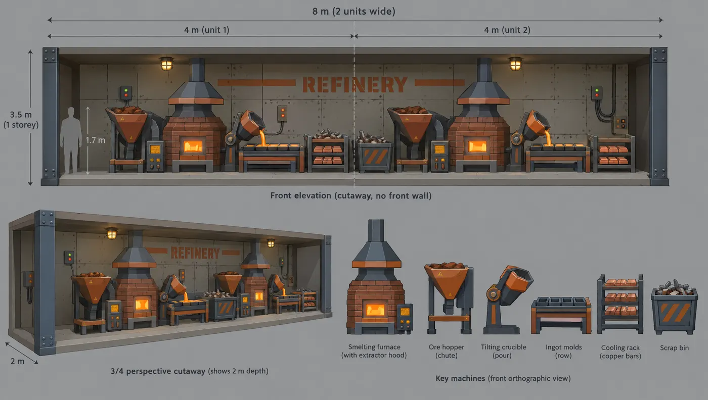 Model sheet of the refinery room with furnaces