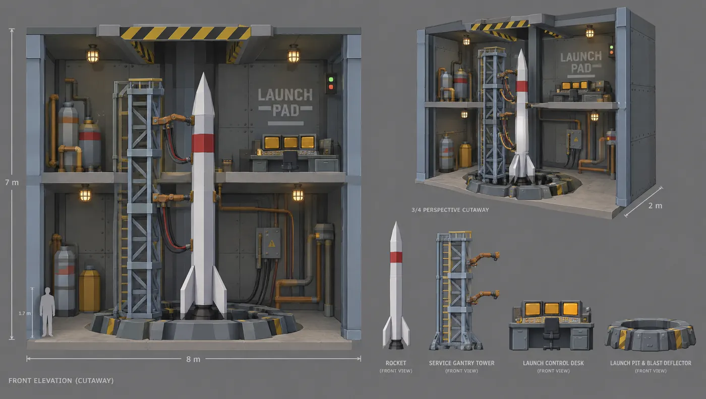 Model sheet of the launch pad with a rocket in its gantry