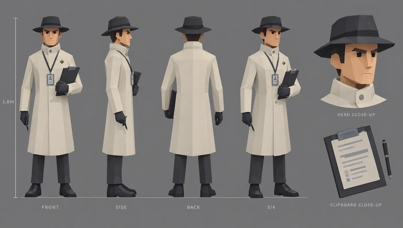 Model sheet of the council inspector in a white coat and hat, holding a clipboard