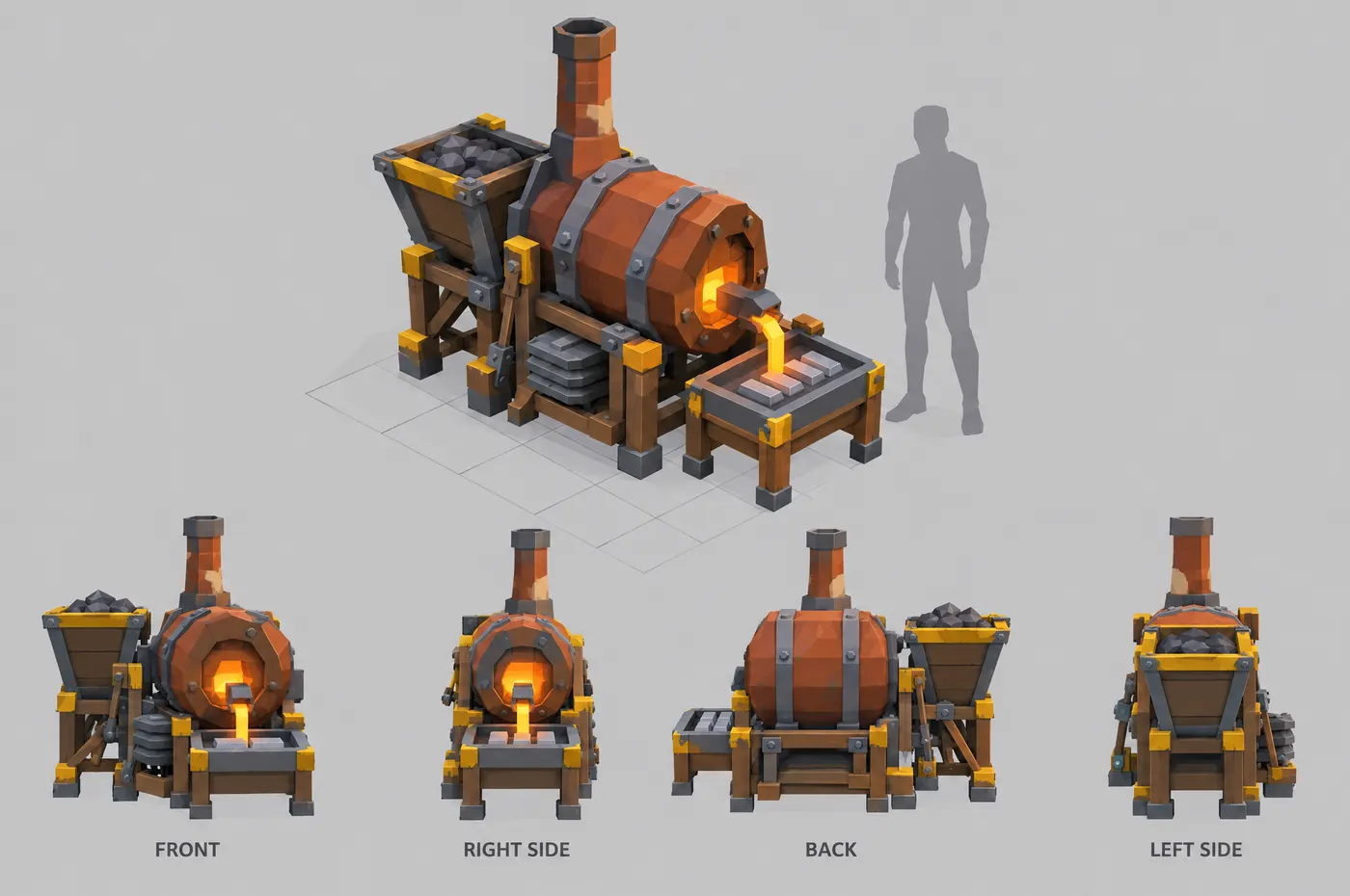 Model sheet of a smelter pouring molten metal