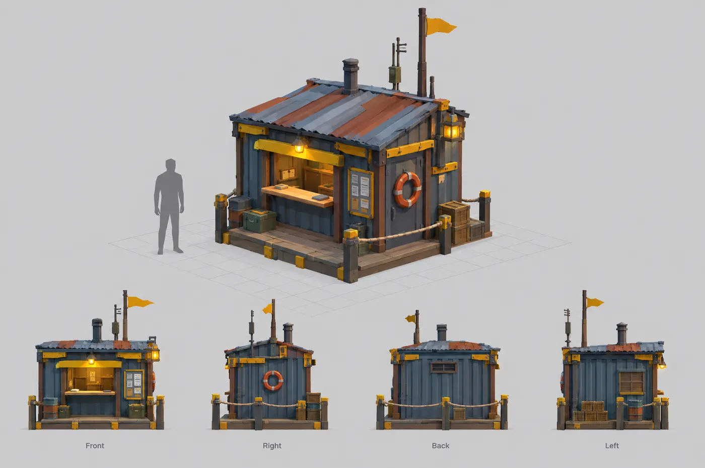 Model sheet of the harbour office hut with a lit counter
