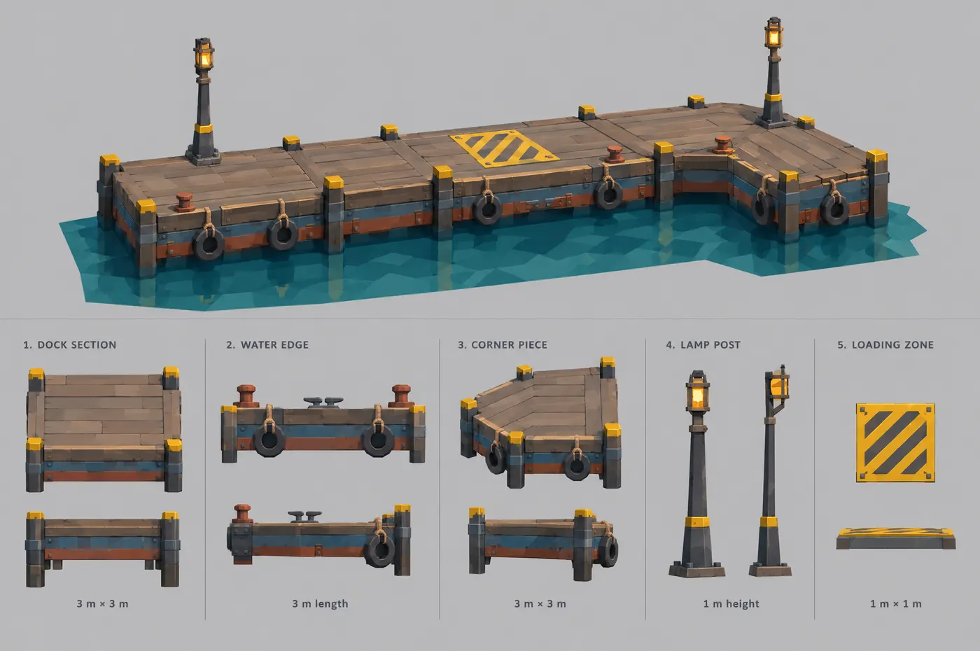 Model sheet of wooden dock sections, lamp posts and the loading zone
