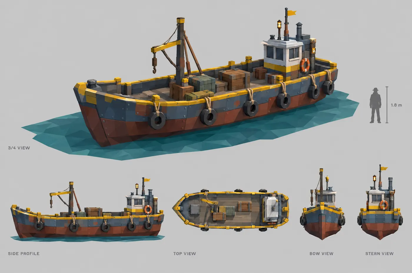 Model sheet of a small cargo boat from several angles