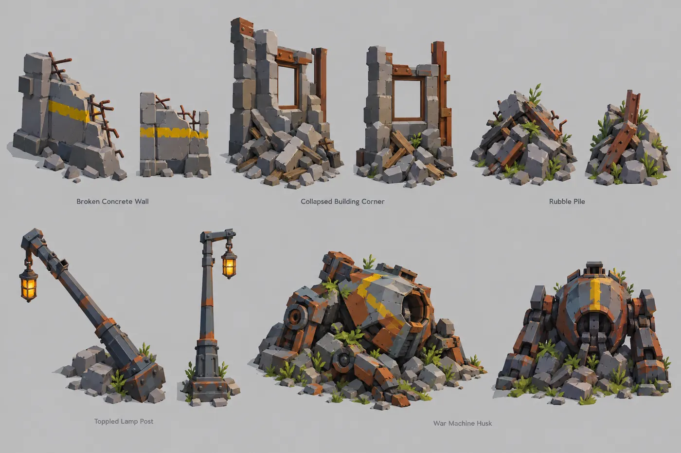 Model sheet of broken walls, rubble and a toppled lamp post